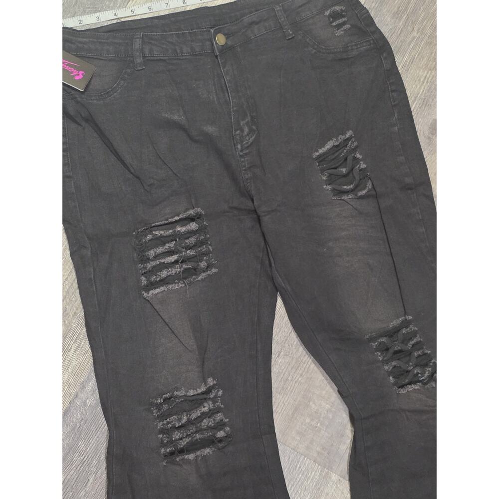 Sheng Fan Womens 2XL Black Distressed Flare Pants Stretch Bell Bottom NWT - Picture 3 of 6